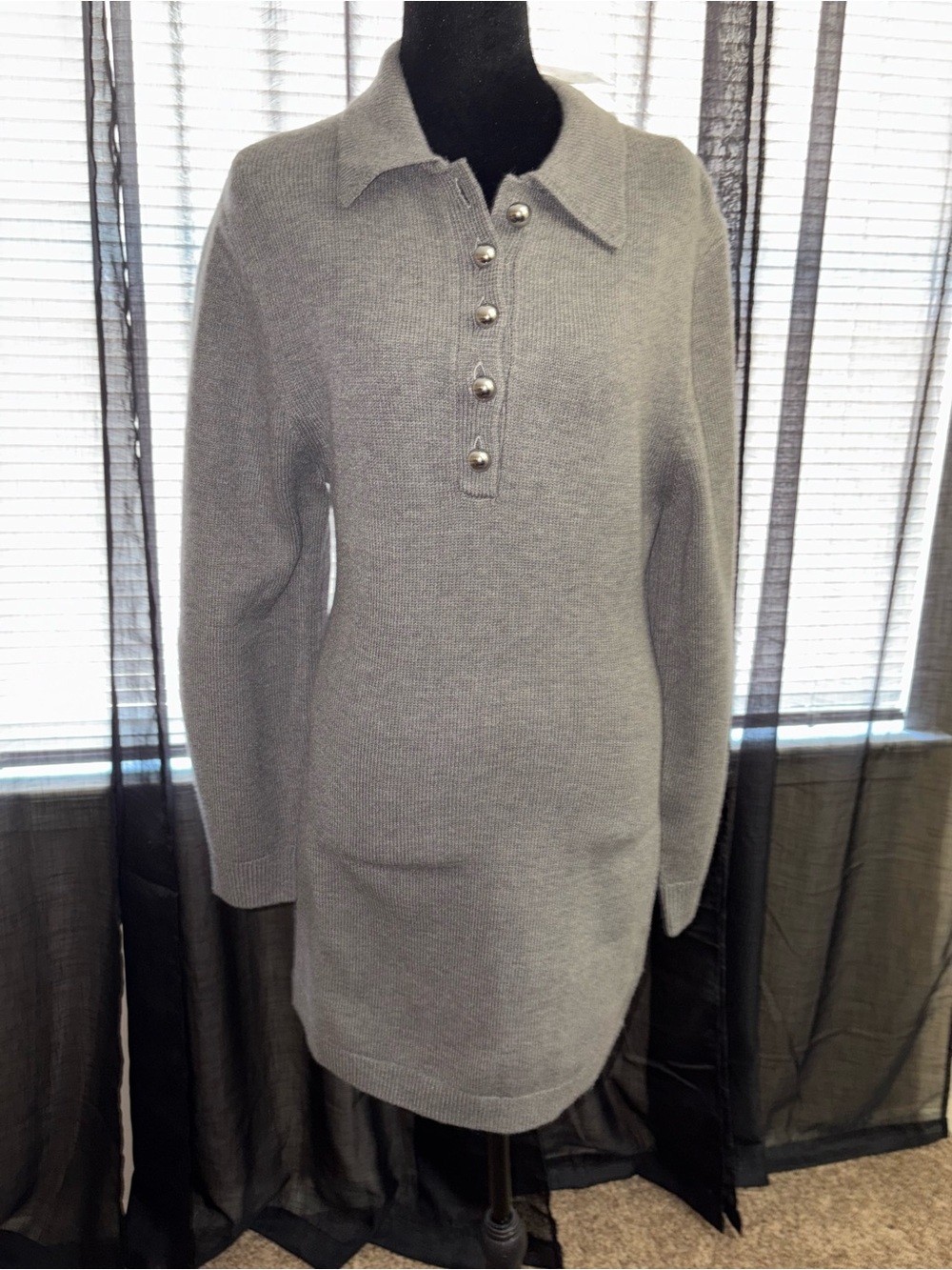 H&M Long Sleeve Knit Polo Dress in Light Gray